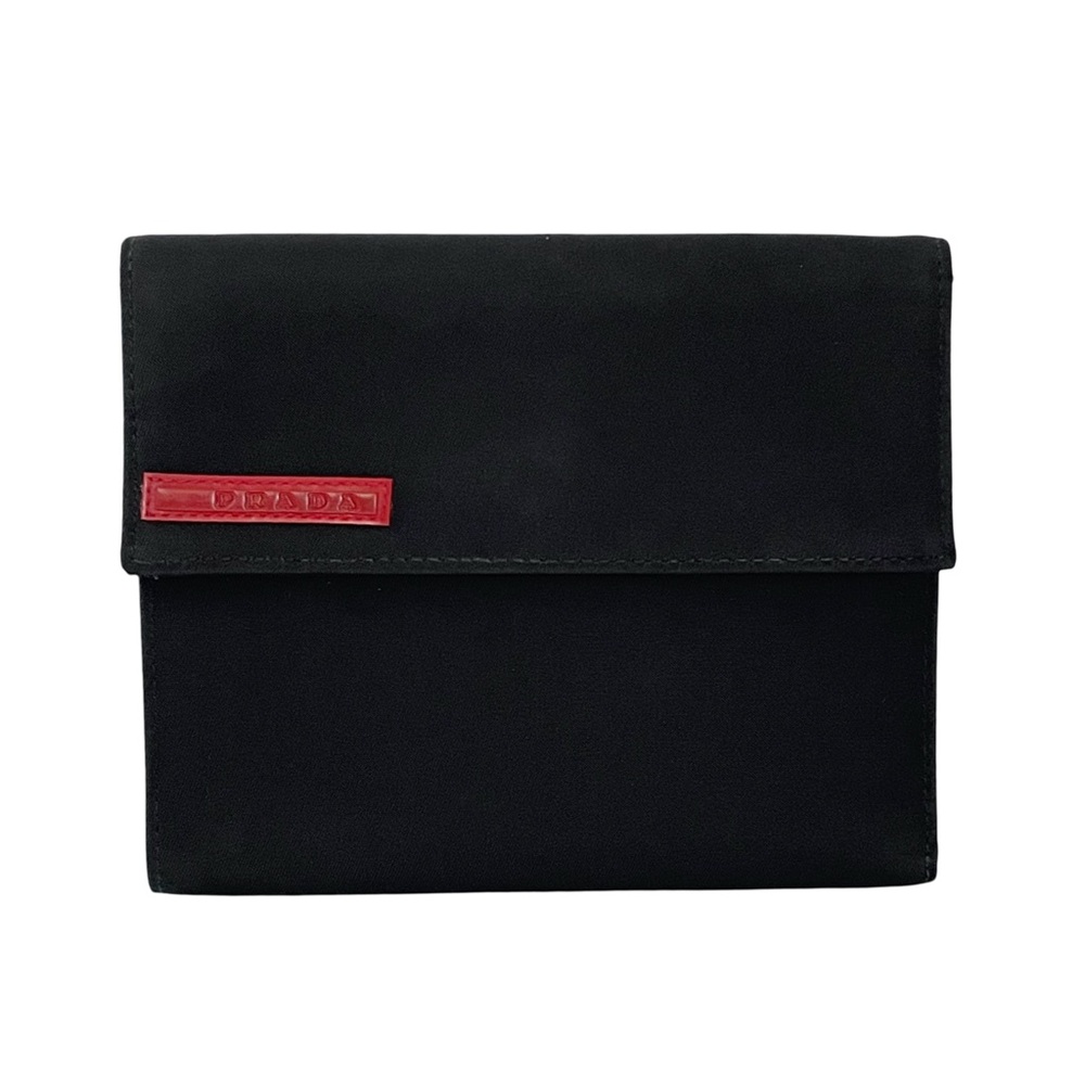 Prada black nylon red logo medium trifold minimal snap wallet